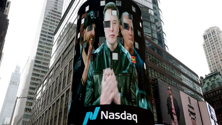 Elon Musk on a digital billboard with the NASDAQ logo.